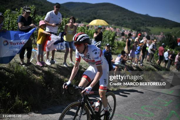Ireland's Daniel Martin rides to reach the pack after a flat tyre during the fifth stage of the 106th edition of the Tour de France cycling race...