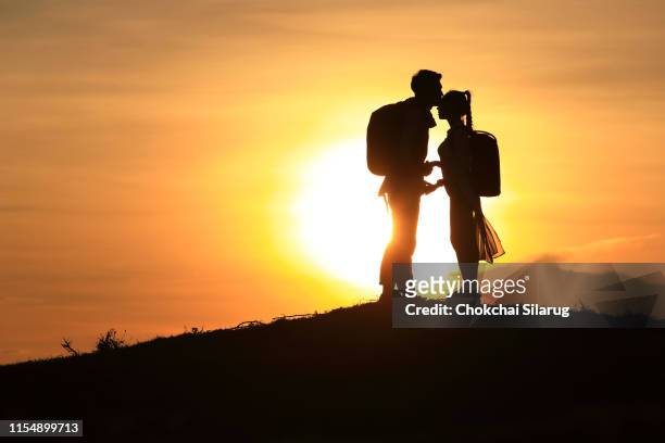 the silhouette of a lover, holding hands on the hills, - young man asian silhouette stock pictures, royalty-free photos & images