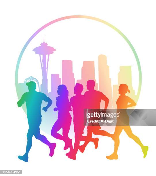 seattle marathon joggers vector silhouette rainbow - jogging stock-grafiken, -clipart, -cartoons und -symbole