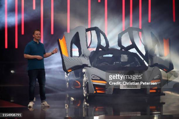 Ralph Fulton, Creative Director at Playground Games reveals 'Forza Horizon 4: LEGO Speed Champions' during the Xbox E3 2019 Briefing at The Microsoft...