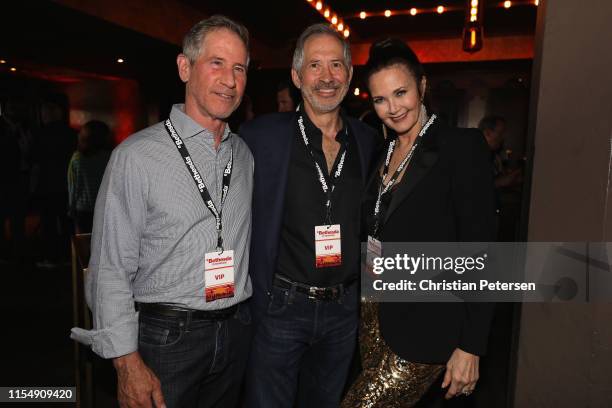 Jon Feltheimer, CEO at Linsgate, Robert Altman, Chairman and CEO at ZeniMax Media and actress Lynda Carter pose together during the Bethesda E3...