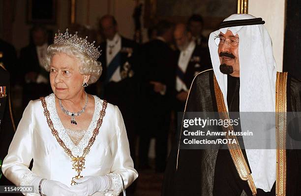 Queen Elizabeth ll and King Abdullah of Saudi Arabia arrive for a State Banquet at Buckingham Palace on October 30, 2007 in London, England.