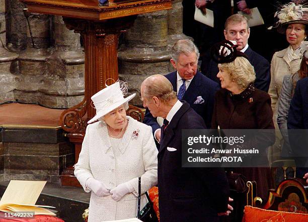 Queen Elizabeth ll and Prince Philip, Duke of Edinburgh share a few words during a service to celebrate their Diamond Wedding Anniversary at...