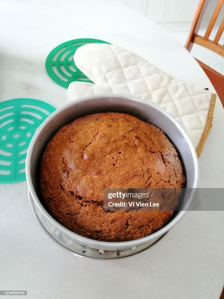 Baked cake in pan