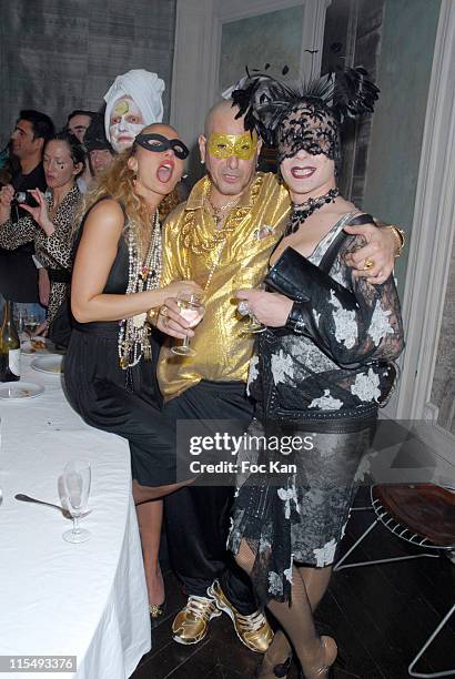 Claude Sabbah and Two guests attend the Ellen Von Unwerth and Bridget Yorke Masked Birthday Party in a Private Flat Rue Francois 1er on February 01,...