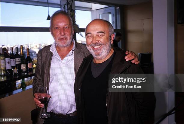 Actors Francois Berleand and Gerard Jugnot attend the Chateau Connivence 2008 Pomerol Wine Launch Cocktail at the Terrasse M6 on June 11, 2009 in...