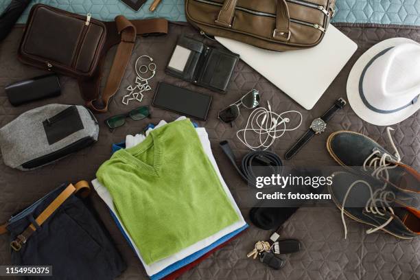 male fashion accessories flatlay - suitcase from above stock pictures, royalty-free photos & images