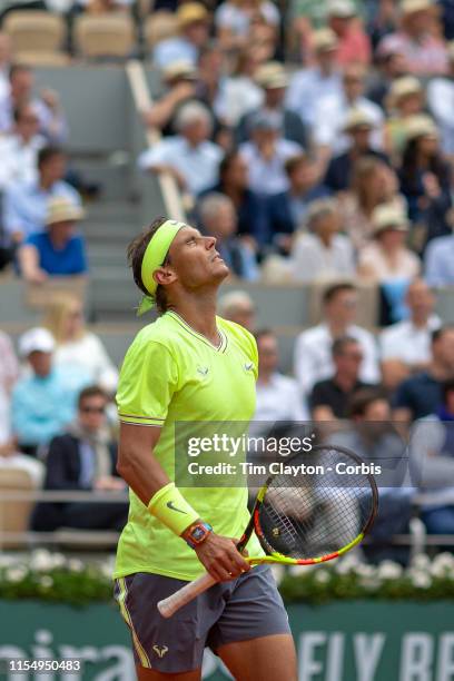 June 09. Rafael Nadal of Spain in action against Dominic Thiem of Austria during the Men's Singles Final on Court Philippe-Chatrier at the 2019...