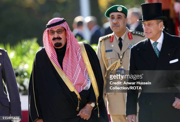 King Abdullah of Saudi Arabia and Prince Philip, Duke of Edinburgh attend a ceremonial welcome at Horse Guards Parade on October 30, 2007 in London,...