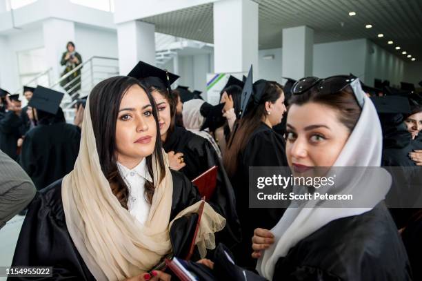 May 21: Women graduates celebrate after more than 100 Afghan students from the American University of Afghanistan receive their diplomas at a...