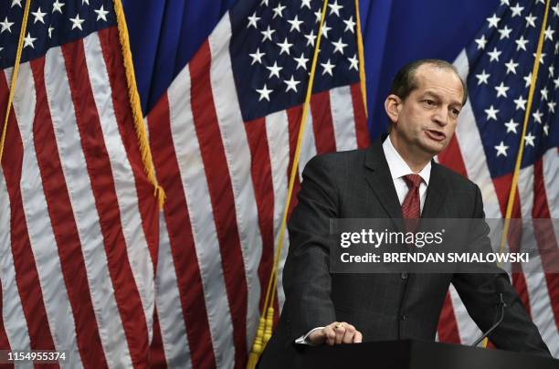 Labor Secretary Alexander Acosta holds a press conference at the US Department of Labor on July 10, 2019 in Washington,DC. - Democratic Party leaders...