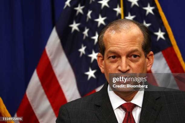 Alex Acosta, U.S. Secretary of Labor, speaks during a press conference at the Department of Labor in Washington, D.C., U.S., on Wednesday, July 10,...