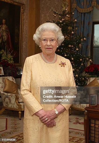 Queen Elizabeth ll delivers her Christmas speech in the 1844 Room at Buckingham Palace, marking the 50th anniversary of her first televised Noel...