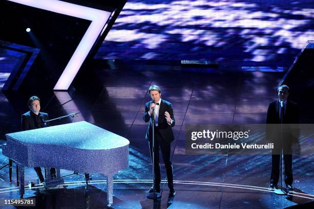 Pupo, Emanuele Filiberto and Luca Canonici attend the 60th Sanremo Song Festival at the Ariston Theatre On February 16, 2010 in San Remo, Italy.