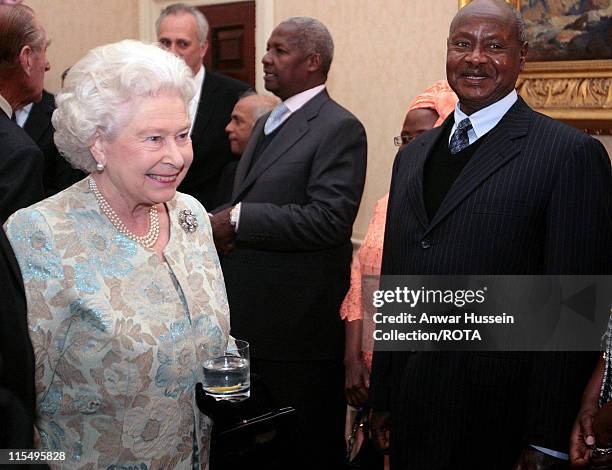 Queen Elizabeth ll meets the President of Uganda, Yoweri Kaguta Museveni, at a Commonwealth Day reception at Marlborough House on March 10, 2008 in...