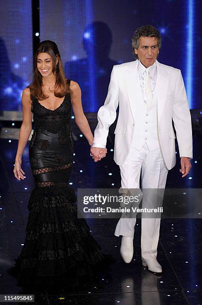 Belen Rodriguez and Toto Cutugno attend the 60th Sanremo Song Festival at the Ariston Theatre On February 18, 2010 in San Remo, Italy.