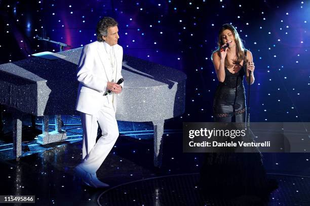 Toto Cutugno and Belen Rodriguez attend the 60th Sanremo Song Festival at the Ariston Theatre On February 18, 2010 in San Remo, Italy.