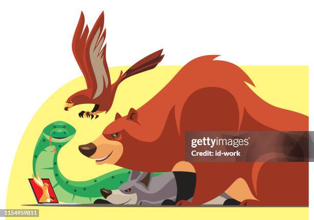 stockillustraties, clipart, cartoons en iconen met bear en vrienden video-chatten met konijn - roofvogel