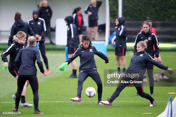Players exercise during a New Zealand training session during the 2019 FIFA Women's World Cup France at Stade La Cavee Verte on June 10, 2019 in Le...