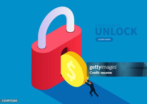 ilustraciones, imágenes clip art, dibujos animados e iconos de stock de seguridad financiera, el comerciante empuja la moneda de oro en la cerradura - estabilidad