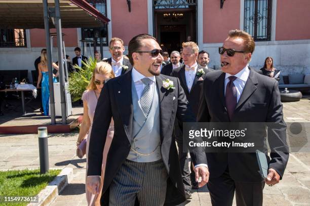 Klemens Hallmann and Arnold Schwarzenegger are seen during the wedding celebration of Barbara Meier and Klemens Hallmann on June 01, 2019 in Venice,...
