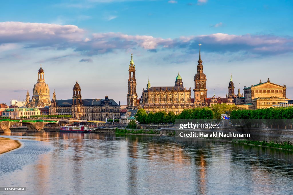 Church of Our Lady, Haussman Tower, Catholic Court Church, Semperoper and Elbe River, Dresden, Saxony, Germany