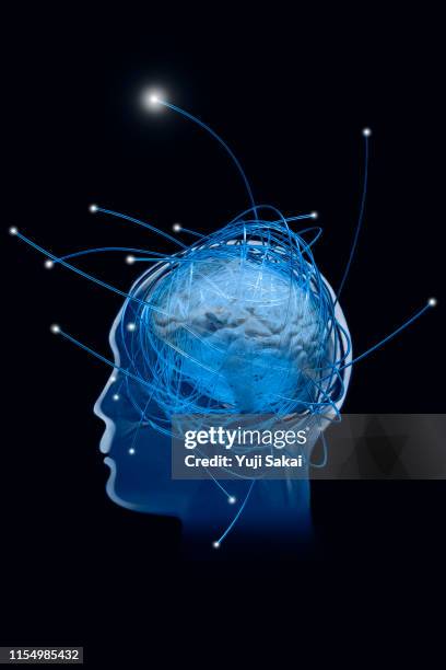 human brain make it tense by fiber optics - quantum computer photos et images de collection