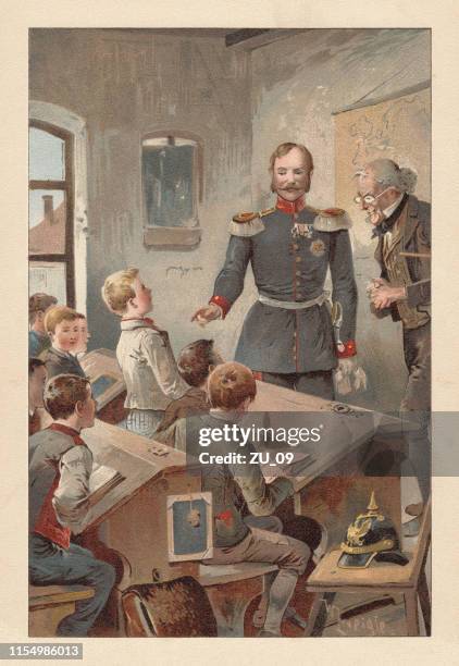 a german officer visits a school class, chromolithograph, published 1895 - learning german stock illustrations