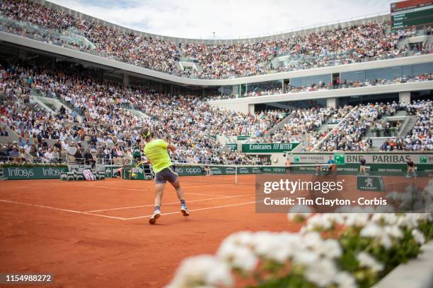 June 09. Rafael Nadal of Spain in action against Dominic Thiem of Austria during the Men's Singles Final on Court Philippe-Chatrier at the 2019...