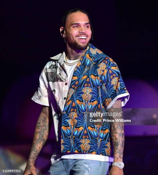 Singer Chris Brown performs at 2019 Tycoon Music Festival at Cellairis Amphitheatre at Lakewood on June 8, 2019 in Atlanta, Georgia.