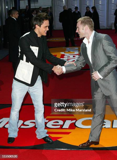 Gareth Gates and Ronan Keating during The 2004 Brit Awards - Arrivals at Earls Court in London, Great Britain.