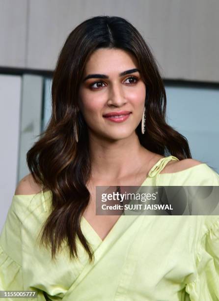 Indian Bollywood actress Kriti Sanon poses during a promotion for the upcoming romantic comedy Hindi film 'Arjun Patiala' in Mumbai on July 10, 2019.
