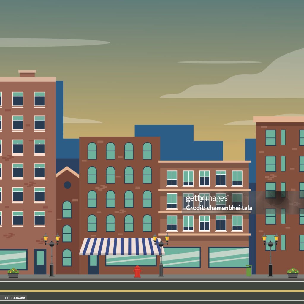 City street road skyscraper buildings view modern cityscape downtown billboard advertising horizontal flat vector illustration