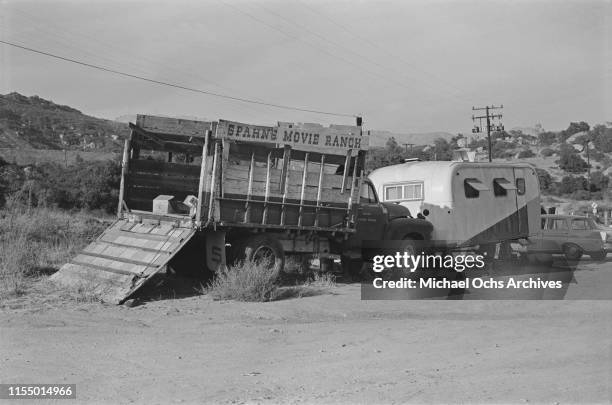 An abandoned truck at the Spahn Movie Ranch, owned by American rancher George Spahn and residence of the Manson Family, Los Angeles County,...