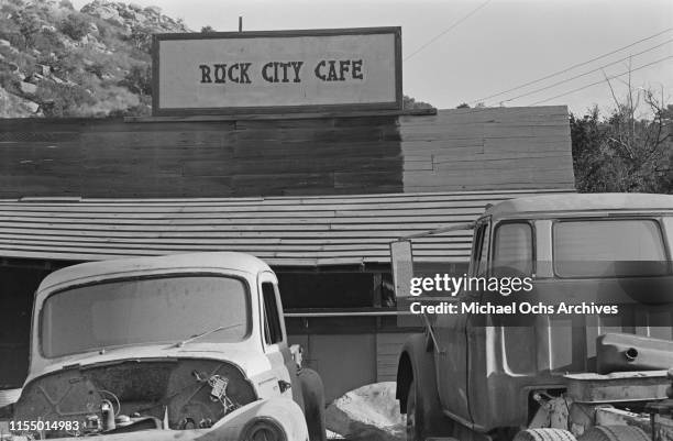 Western inspired set building 'Rock City Cafe' at the Spahn Movie Ranch, owned by American rancher George Spahn and residence of the Manson Family,...