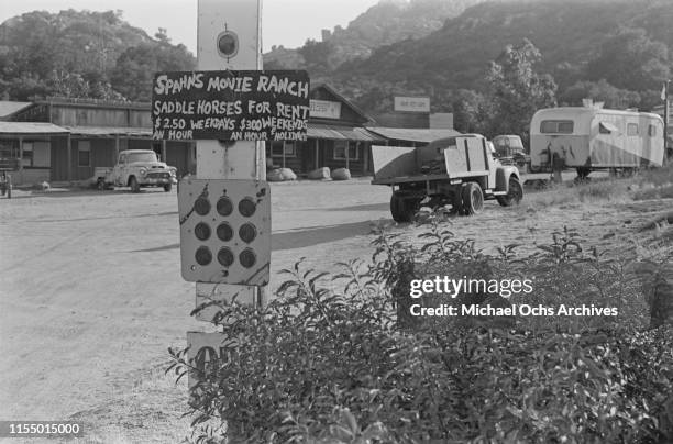 Sign at the Spahn Movie Ranch, owned by American rancher George Spahn and residence of the Manson Family, Los Angeles County, California, US, 28th...