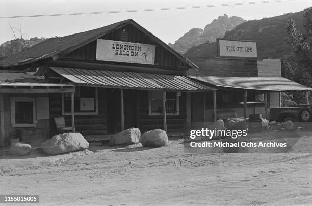 Western inspired buildings on the Spahn Movie Ranch, owned by American rancher George Spahn and residence of the Manson Family, Los Angeles County,...