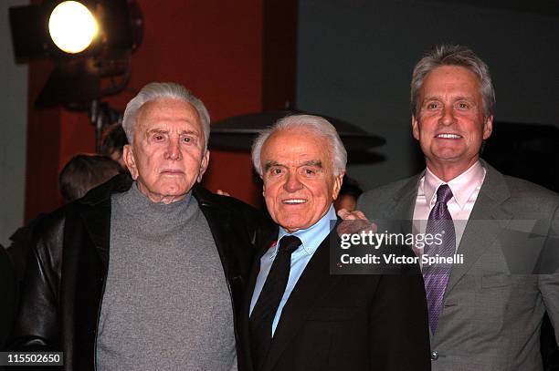 Kirk Douglas, Jack Valenti and Michael Douglas during Jack Valenti Dedication with Hand and Footprints at Grauman's Chinese Theatre at Grauman's...