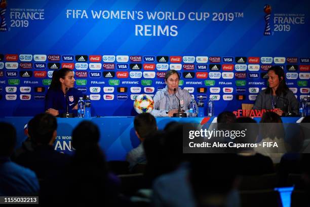 Alex Morgan and USA coach Jill Ellis face the media during a press conference ahead of the 2019 FIFA Women's World Cup France group F match between...