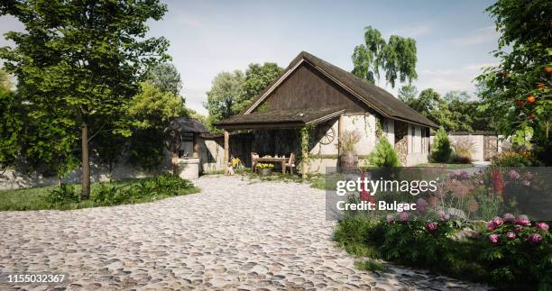 traditional old farmhouse - thatched roof huts stock pictures, royalty-free photos & images