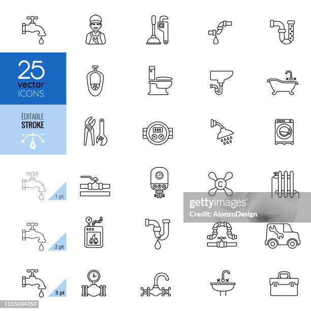 ilustrações de stock, clip art, desenhos animados e ícones de plumbing line icon set. editable stroke. - perda