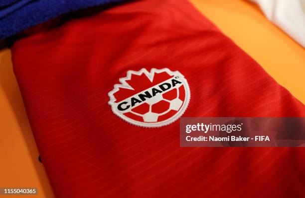 Detailed view of the Canada logo on a pair of shorts inside the changing room prior to the 2019 FIFA Women's World Cup France group E match between...