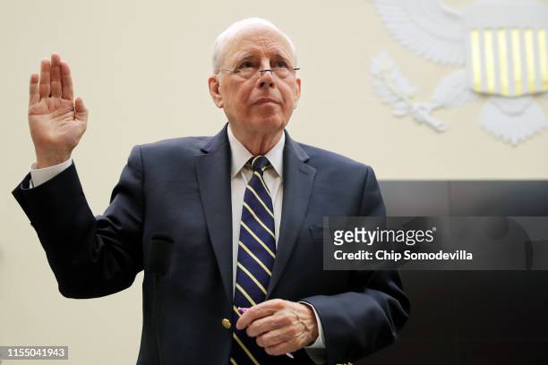 Former Chief White House Counsel John Dean is sworn in before testifying about the Mueller Report to the House Judiciary Committee in the Rayburn...
