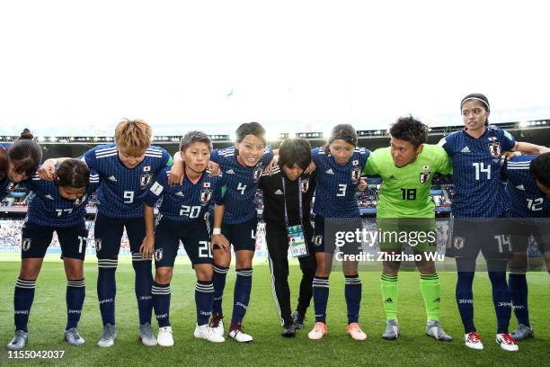Players of Japan encourage each other during the 2019 FIFA Women's World Cup France group D match between Argentina and Japan at Parc des Princes on...