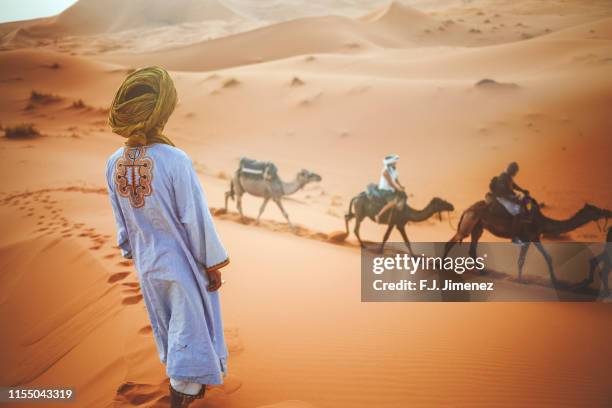 berber man watching a camel caravan in the desert of merzouga - midelt photos et images de collection