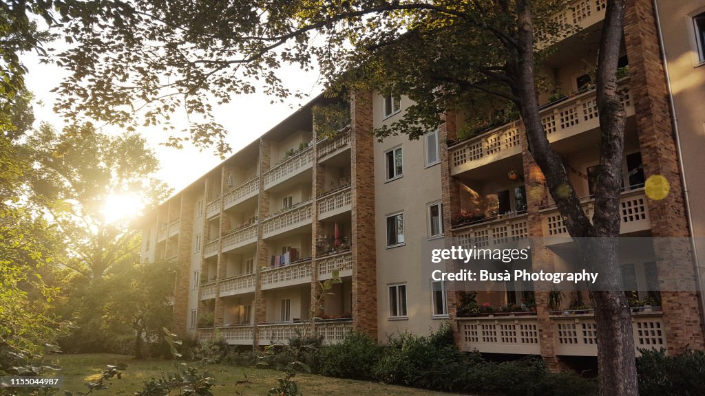 Facade of former GDR public housing in the East Berlin district of Friedrichshain. Berlin, Germany