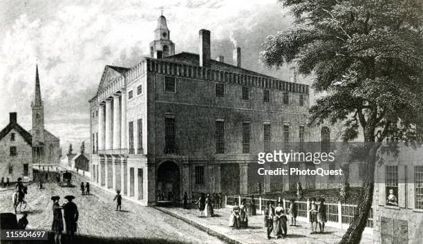 Exterior view of Federal Hall in New York City, the first capitol building of the United States, late eighteenth century.