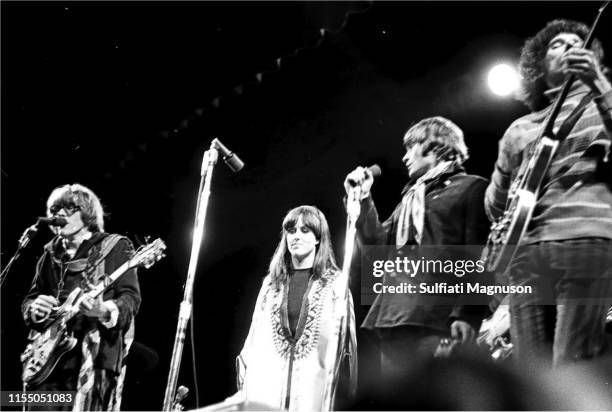 Paul Kantner, Grace Slick, Marty Balin and Jorma Kaukonen as The Jefferson Airplane performing at the Monterey International Pop Festival, 1967.