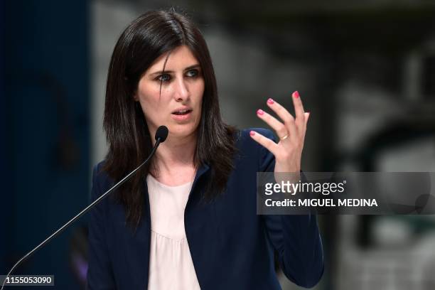 Turin mayor Chiara Appendino delivers a speech during the inauguration of new robots manufactured by Comau on the assembly line of the Fiat 500 BEV...
