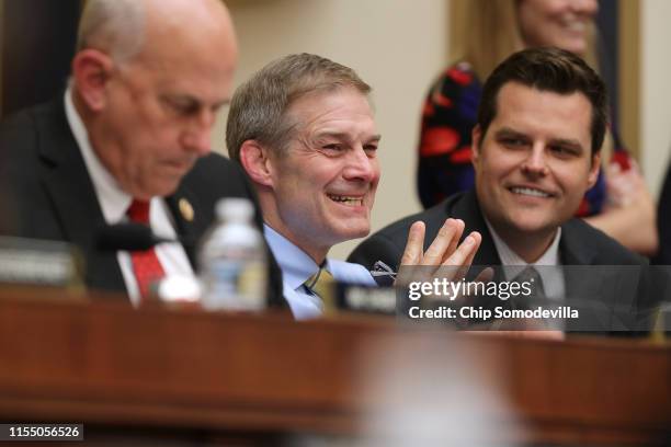 House Judiciary Committee members Rep. Louie Gohmert , Rep. Jim Jordan and Rep. Matt Gaetz share a laugh during a hearing about the Mueller Reporter...